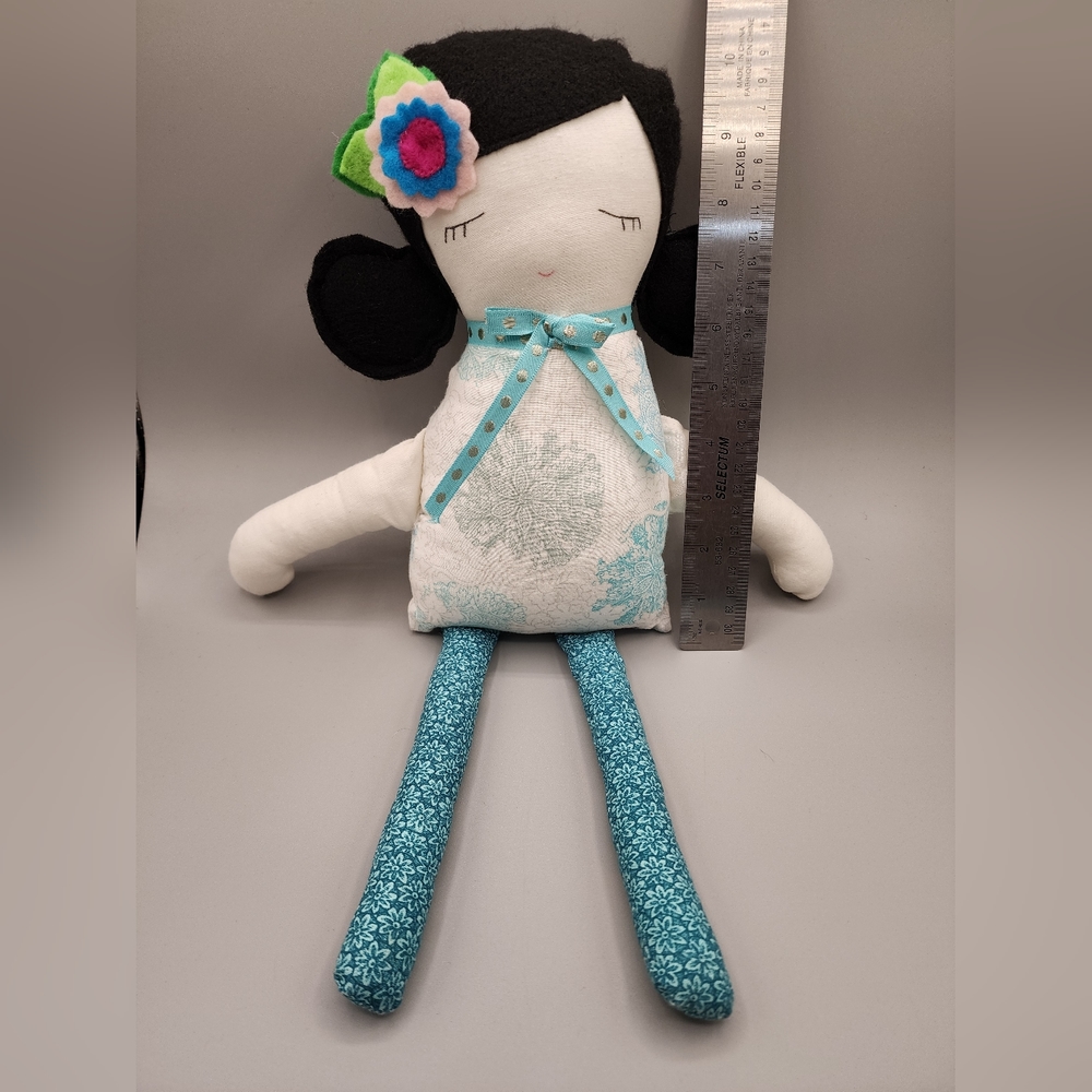 Felt Hair Linen Folk Art Rag Doll Black Hair Flower Closed Eye Smile